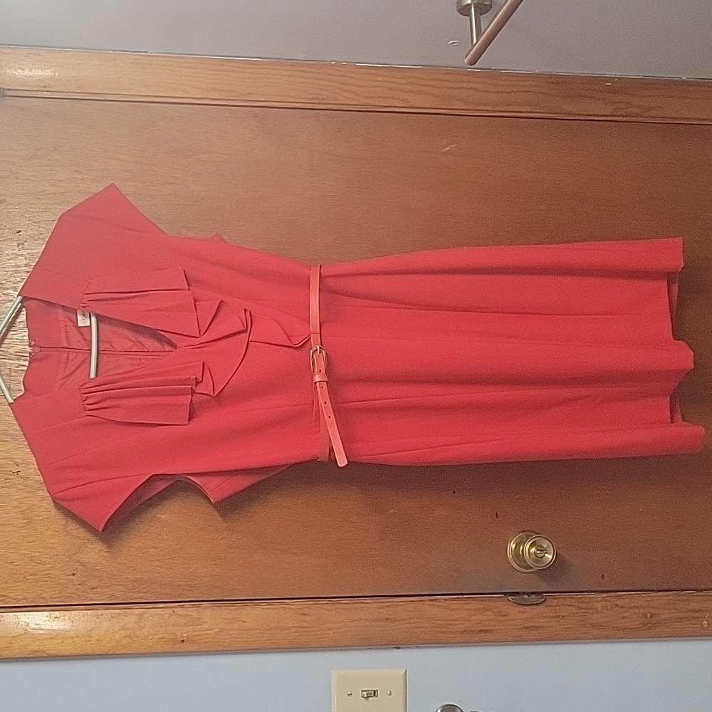 NWOT Calvin Klein Size 12 Red Belted Ruffle Pencil Dress
